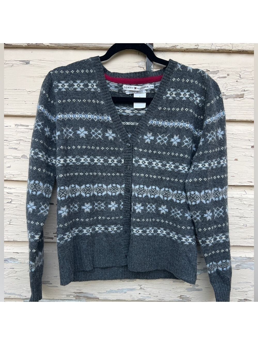 Vintage Y2K Tommy Hilfiger 100% Lambswool Fair Isle Snowflakes Cardigan Sweater